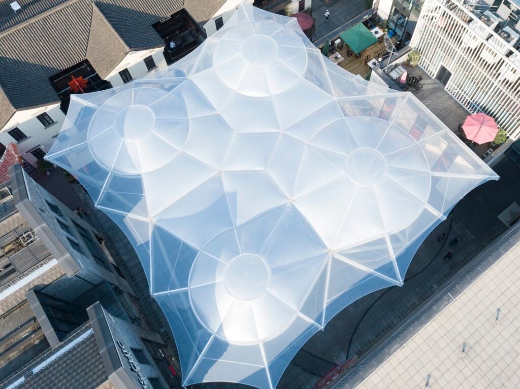 Lightweight ETFE cushion roofing installation at Hangzhou Yintai Plaza