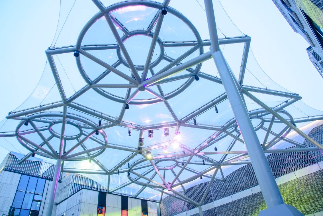 Architectural tensile fabric structure for urban landscaping
