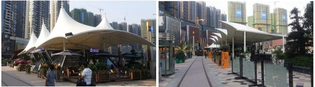 Modern architectural fabric shading for commercial pedestrian zones