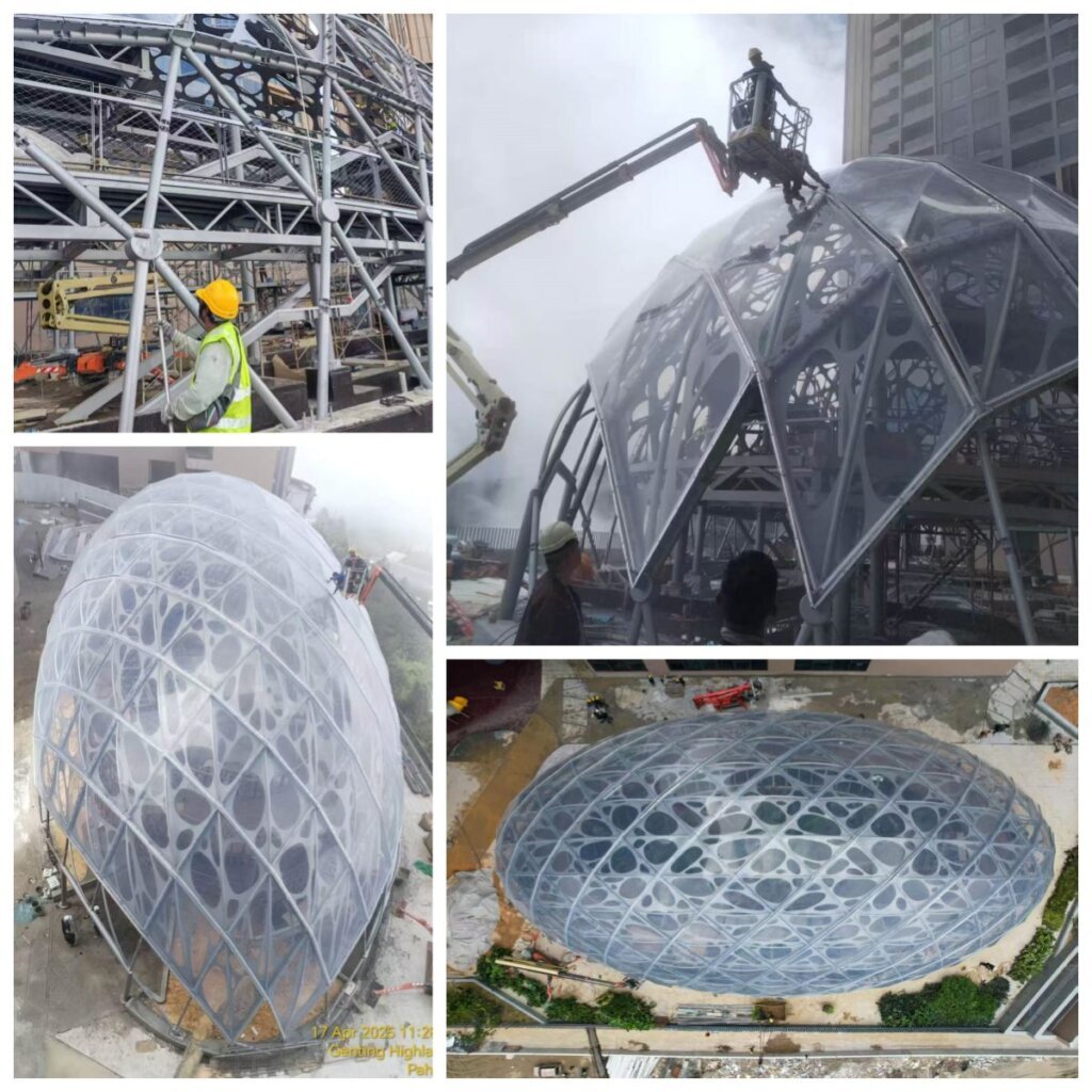 Complex 3D curved organic ETFE tension structure facade and roof covering for futuristic retail arcade landmarks