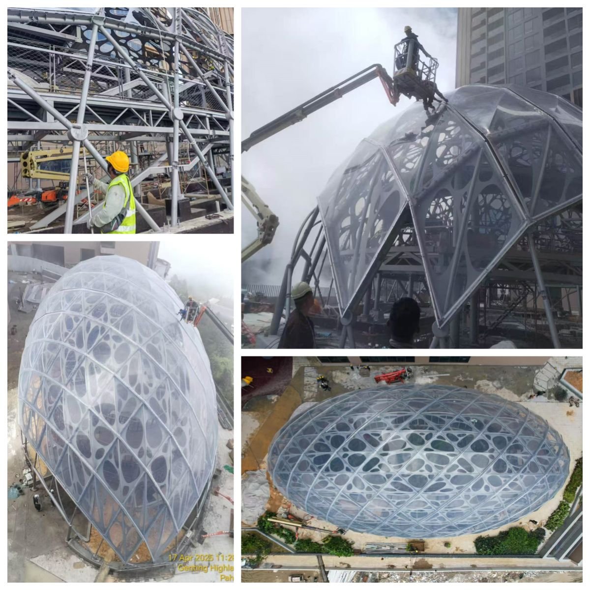 Complex 3D curved organic ETFE tension structure facade and roof covering for futuristic retail arcade landmarks
