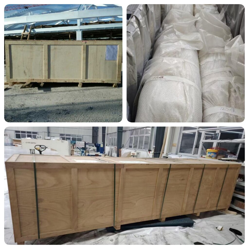 Secure wooden box packaging for international shipping of ETFE canopy components