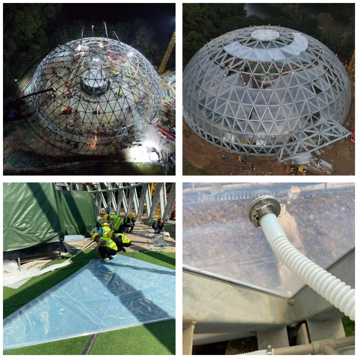 Interior view of a commercial dome showing multi-layer insulated pneumatic ETFE cushion system with automated inflation control